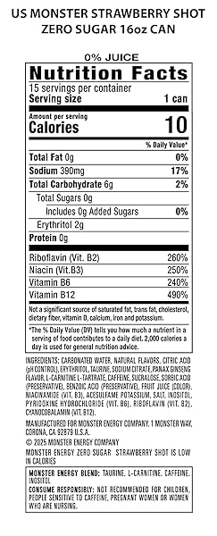 MONSTER ENERGY ZERO SUGAR STRAWBERRY SHOT, GREEN, ORIGINAL, SUGAR FREE ENERGY DRINK, 16 OUNCE (PACK OF 15)