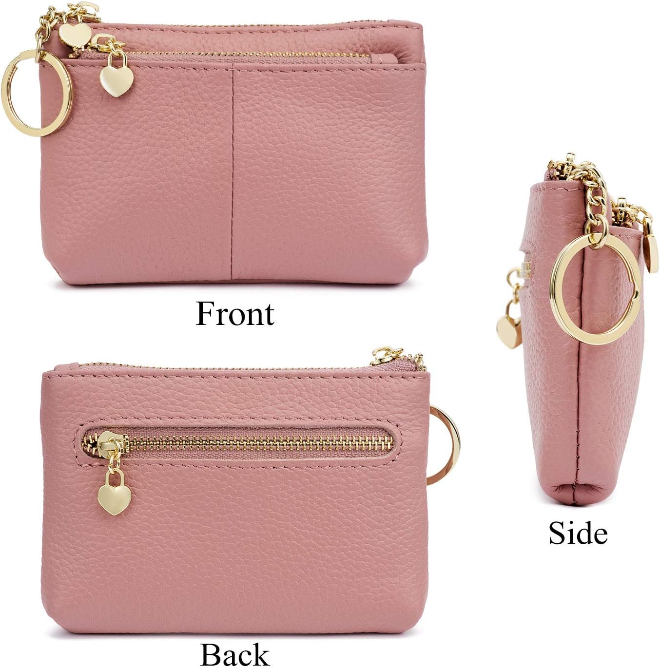 Women Genuine Leather Zip Mini Coin Purse with Key Ring Triple Zipper Card Holder Wallet (Pink) - Image 4