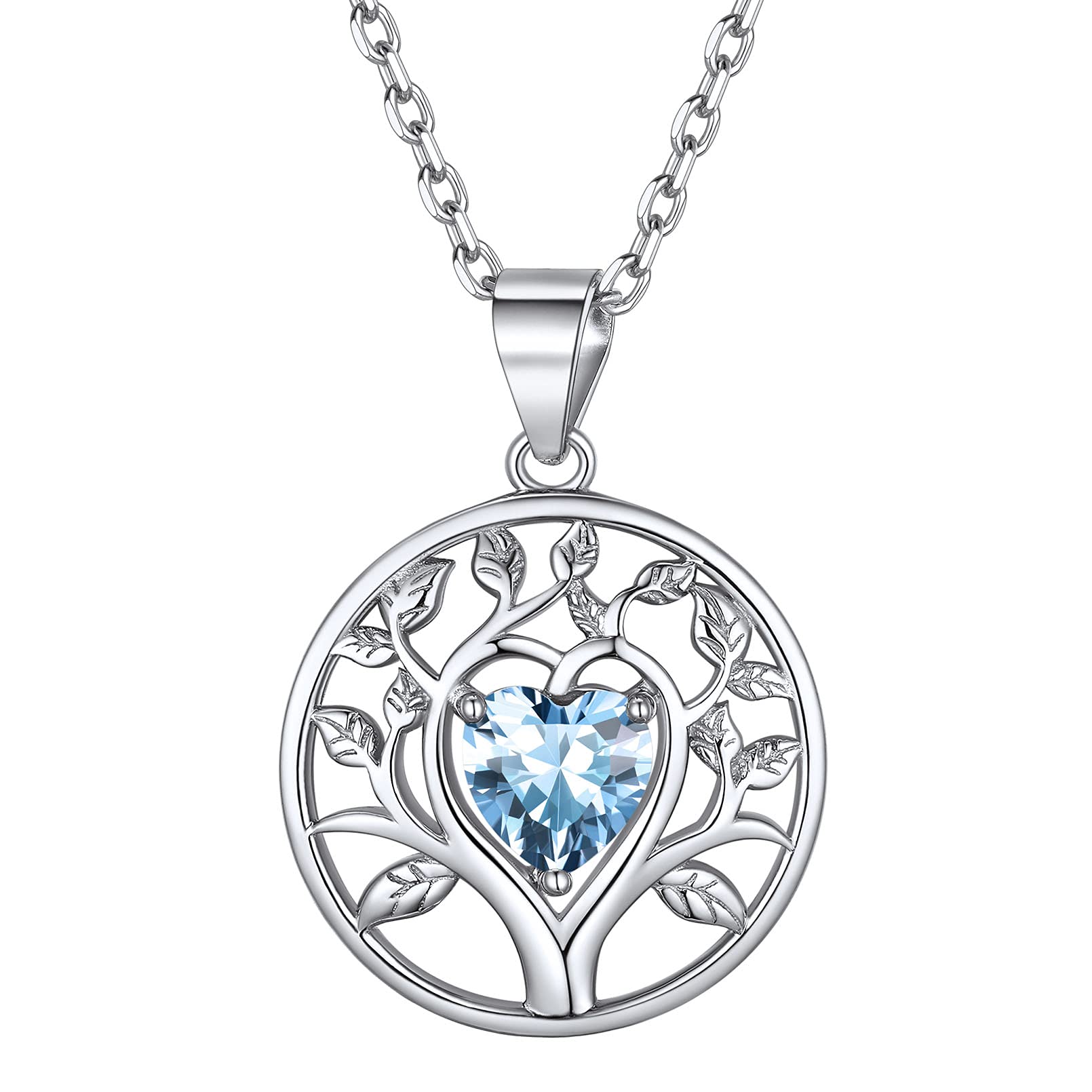 Tree of Life Pendant March Birthstone Necklace for Women Mum 925 Sterling Silver Birth Stone Jewelry