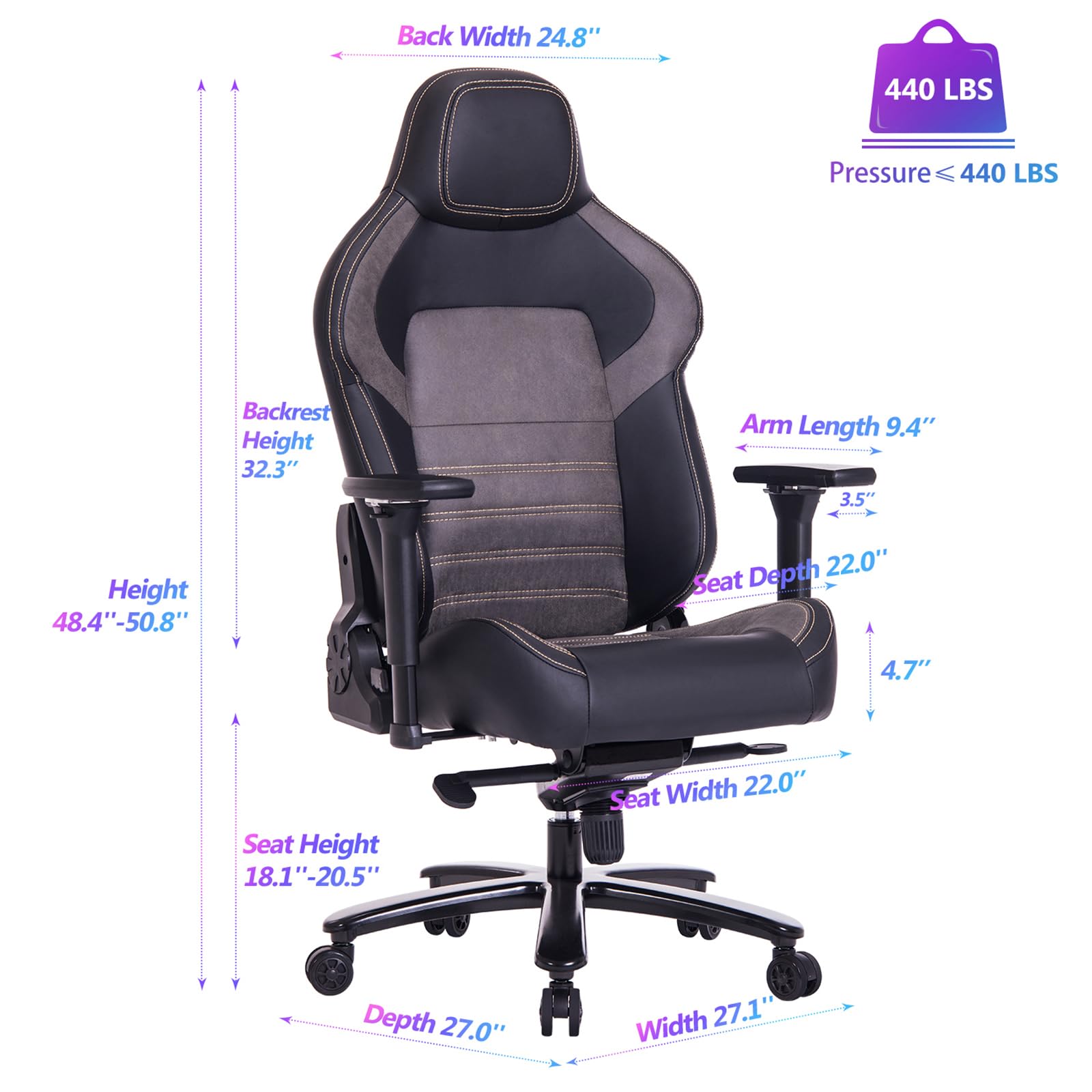 Big and Tall Gaming Chair 440LBS Gaming Chair with Metal Base Memory Foam Lumbar 4D Adjustable Armrest Computer Chair for Heavy People Ergonomic High-Back Computer Chair
