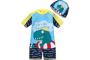 AIWUHE Boys One Piece Swimsuit Toddler Swimwear Rash Guard Suits Short Sleeve Zipper Bathing Suit Beach UPF 50+ with Hat 1-6Y
