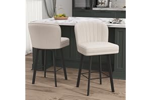 SAECKBERG Swivel Counter Height Bar Stools Set of 2, 26'' Modern Barstools with Backs and Metal Legs, Upholstered Bar Chairs, Beige, Fabric Stools for Kitchen Island Chairs