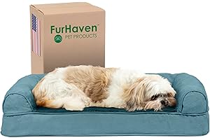 Furhaven Cooling Gel Dog Bed for Medium/Small Dogs w/ Removable Bolsters & Washable Cover, For Dogs Up to 35 lbs - Plush & Suede Sofa - Deep Pool, Medium