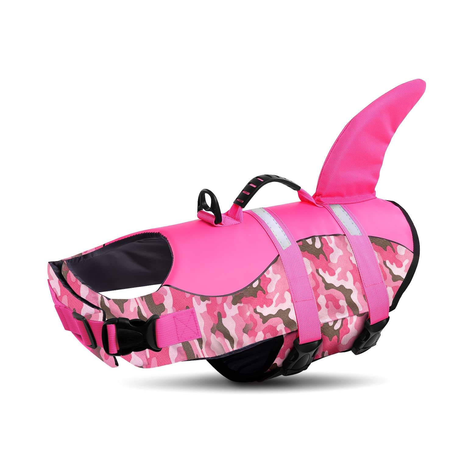 Photo 1 of Queenmore Dog Life Jacket Ripstop Dog Shark Safety Vest Adjustable Preserver with High Buoyancy and Durable Rescue Handle for Small,Medium,Large Dogs, Pink Camouflage XX-Large