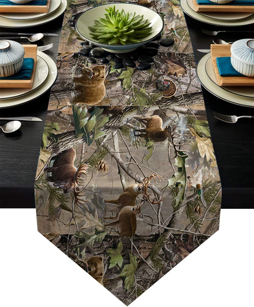 Cotton Linen Table Runner Dresser Scarves Realtree Camo Rustic Deer Elk Bird Bear Non-Slip Burlap Tablecloth for Holiday Dinner Parties Wedding Home Decor - 14"x72": Home & Kitchen