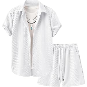 Men's 2 Piece Outfits Button Down Beach Shirts Shorts Set Short Sleeve Waffle Knit Summer Lounge Wear