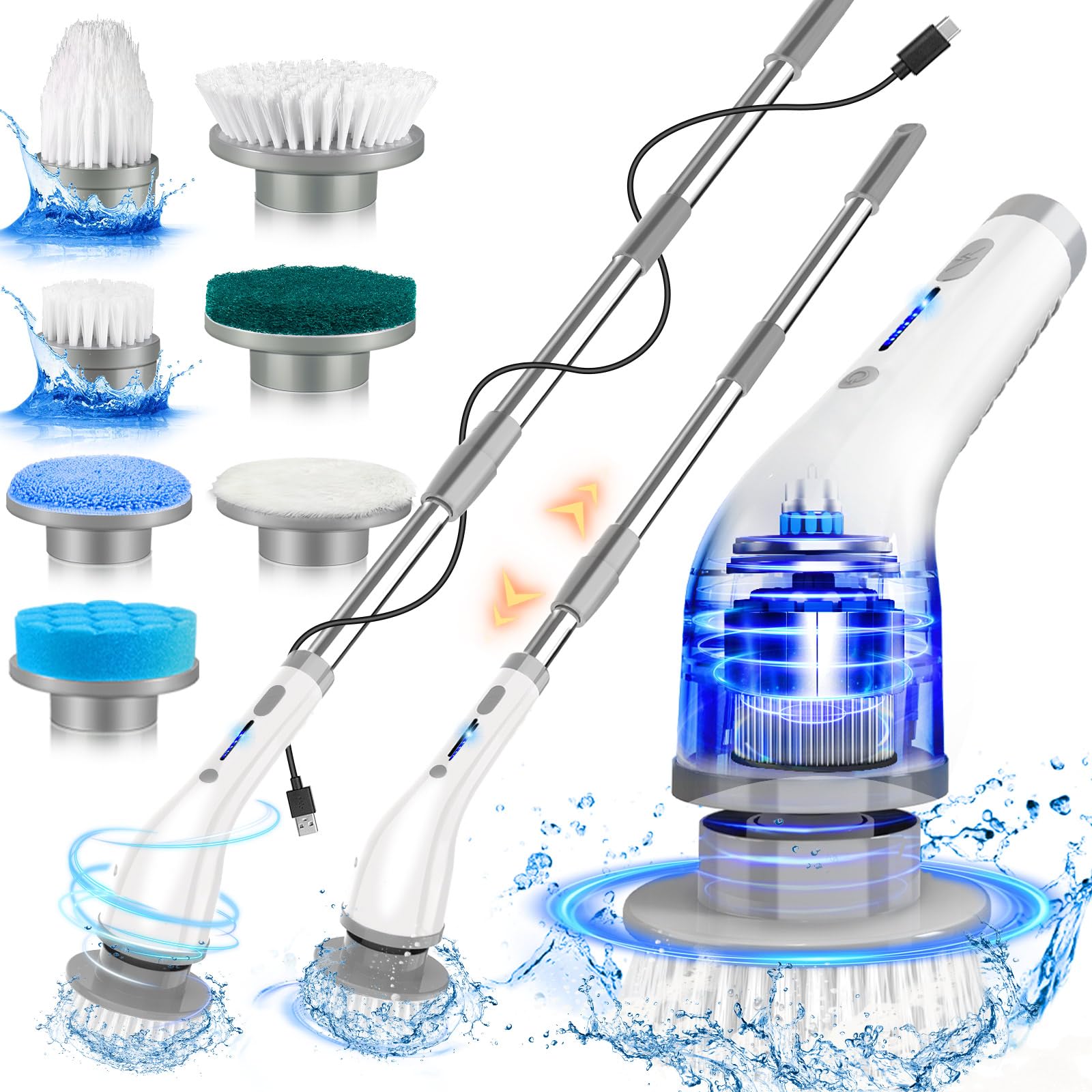 Electric Spin Scrubber Cordless ​Shower Cleaner Bathroom Cleaning Brush Scrubbing with Tool Free Adjustable Extension Arm and 5 Replaceable Heads for Tile Tub Kitchen Floor Bathroom, White
