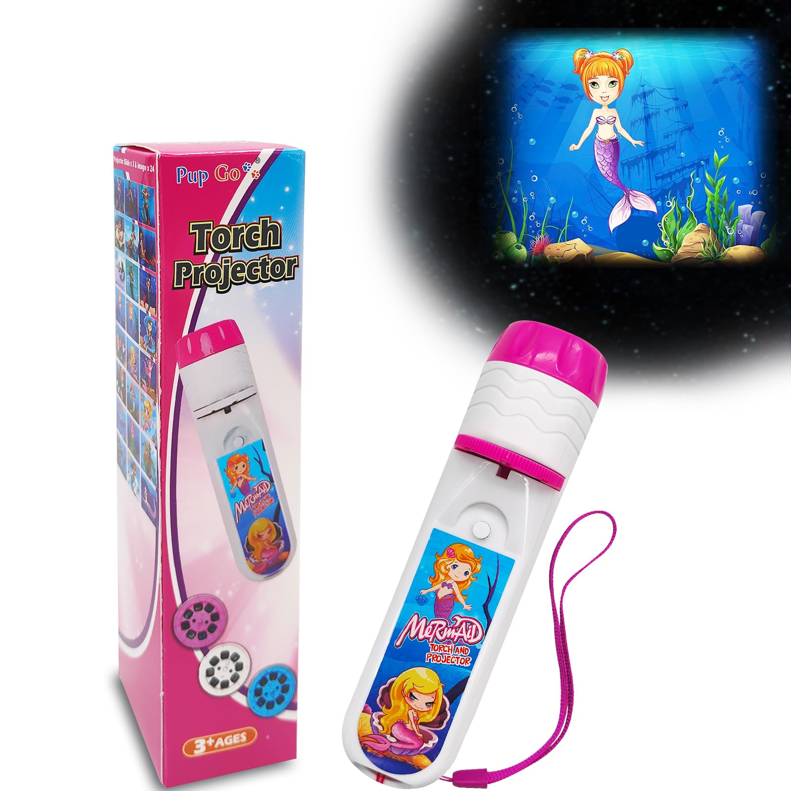 Photo 1 of Pup Go Mermaid Projector Flashlight for Kids Ages 3 4 5 6 7, Pink Little Mermaid Toys for Girls, 3 Discs 24 Images, Kid Night Light Projector, Fairy Birthday Gifts for Girls Toddler Kids