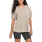 ODODOS Women's Split Hem Oversize Short Sleeve Shirts, Modal Soft V Neck Tee Casual Lounge Yoga Tops