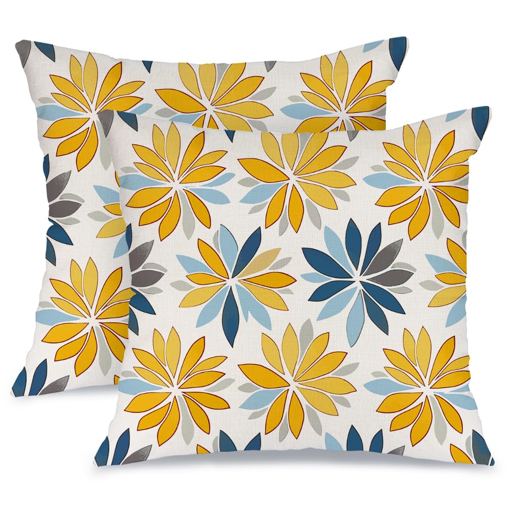 Photo 1 of AACORS Outdoor Waterproof Pillow Covers 18x18 Inch Set of 2,Yellow and Blue Flower Colored Decorative Throw Pillow Cases for Patio Funiture Garden Decor AAW02-18-2