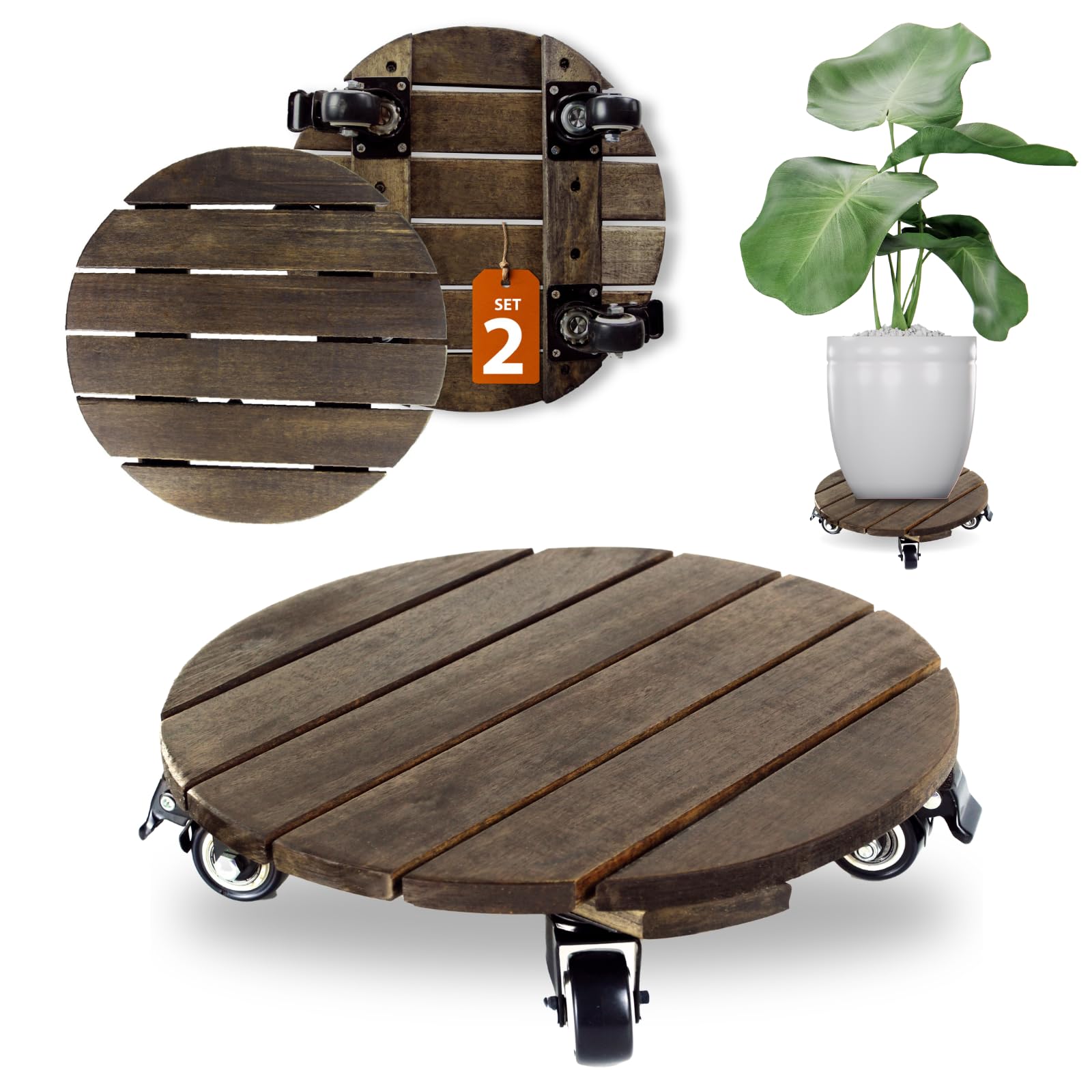 Photo 1 of Timberholm 2PCs 12 INCH Wood Plant Caddy with Wheels, Rolling Plant Stand Heavy Duty, 250lbs Capacity Plant Dolly, Plant Stand with 360° Lockable Wheels for Plant Pots, Round Walnut