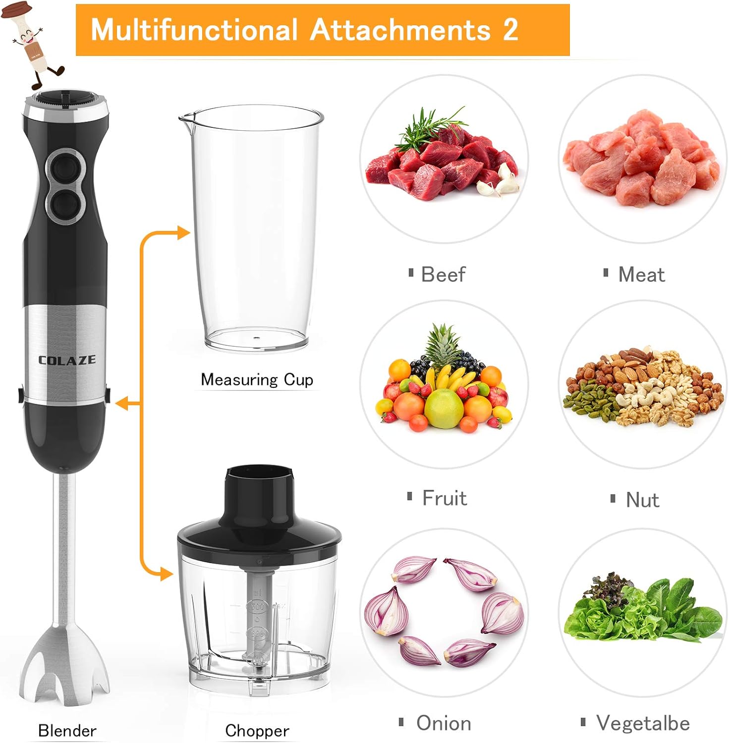 Immersion Hand Blender Handheld, COLAZE【5-in-1】800W 12 Speed Control Multifunctional Electric Stick Blender with Stainless Steel Blades, 500ml Chopper, 600ml Container, Egg Whisk, Milk Frother: Kitchen & Dining