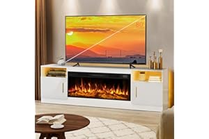 Lemberi Fireplace tv Stand with 36 inch Fireplace Up to 80" TVs,LED Light Entertainment Center and Storage, 70" Modern Wood Media TV Console with Highlight Cabinet for Living Room (White)