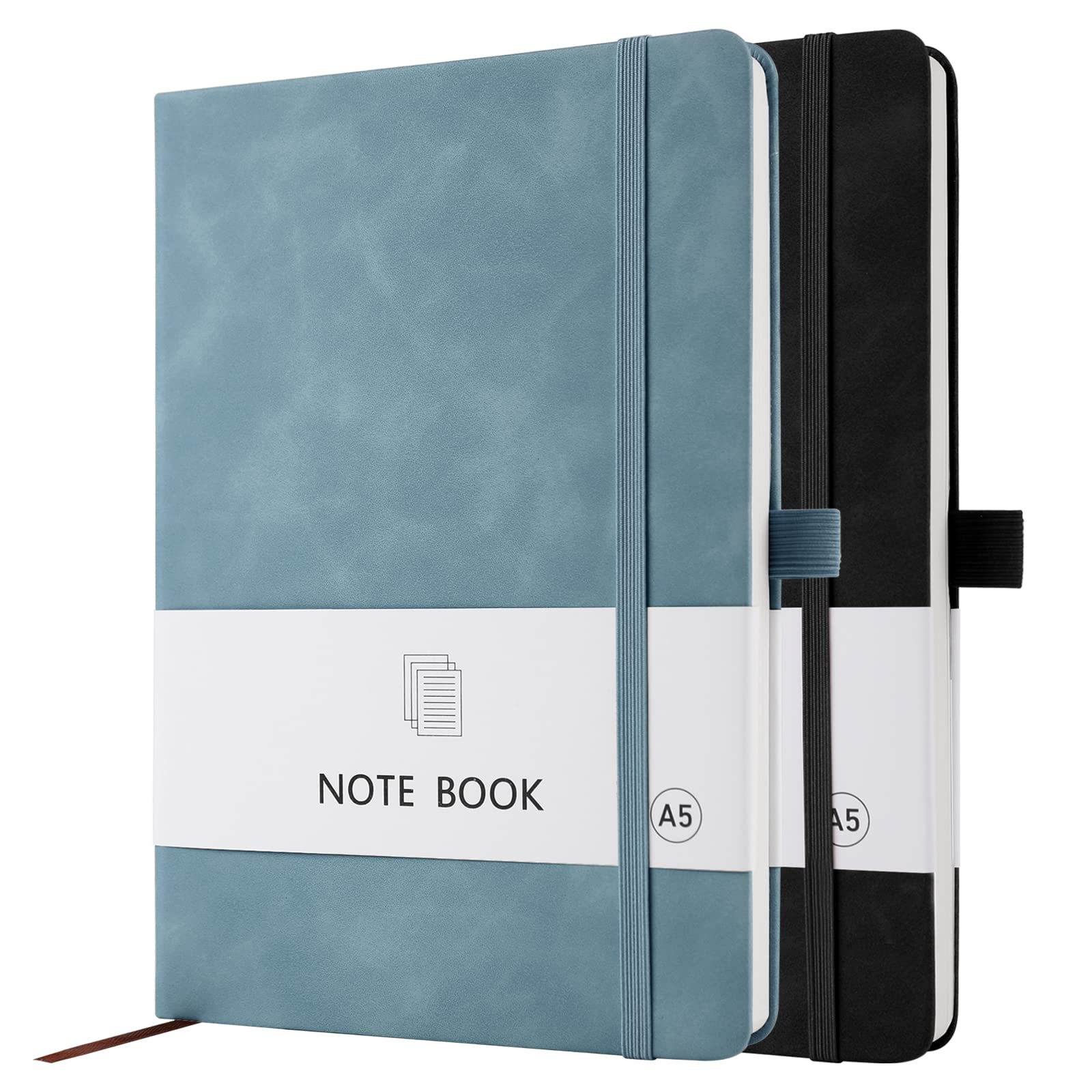 A5 Notebook, 2 Pack Notebook A5 200 Pages 100 GSM Journal Notebook Hardback Notepad with Bookmark, Pen Loop, and Elastic Closure (Black+Pastel Blue) — image 1