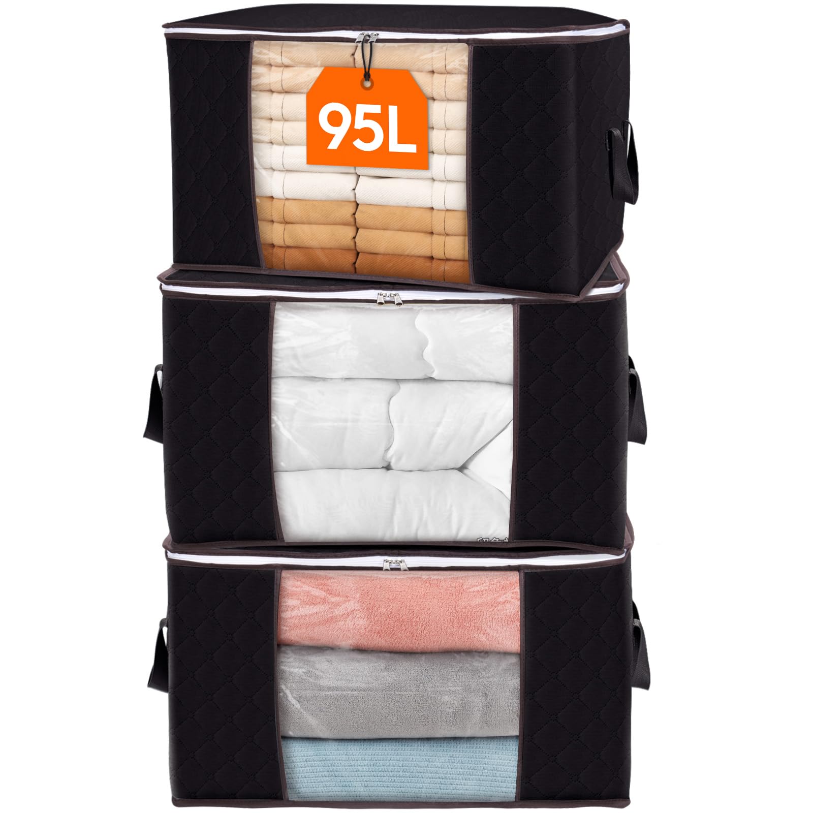 Lifewit 3 Pack 95L Clothes Storage Bags Large Storage Box with Lid Packing Boxes for Moving House with Reinforced Handle Thick Fabric Clear Window for Clothes Duvet Blankets Bedding, Black