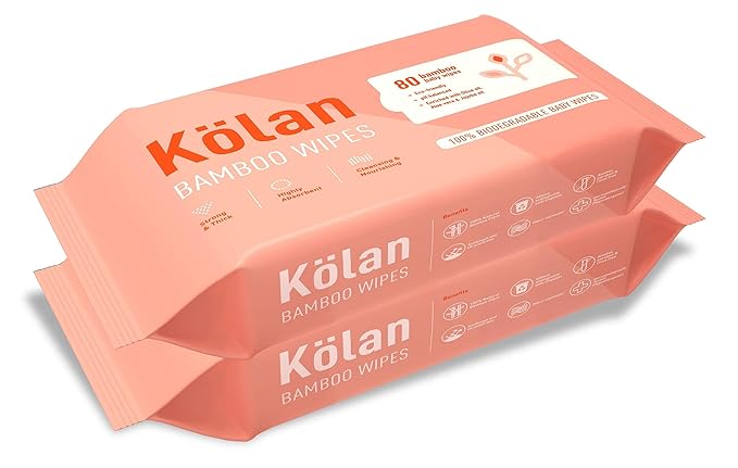 Kolan Eco-Friendly Bamboo Baby Wipes with Olive Oil, Aloe Vera & Jojoba Oil, 80 Wipes/Pack (Pack of 2)