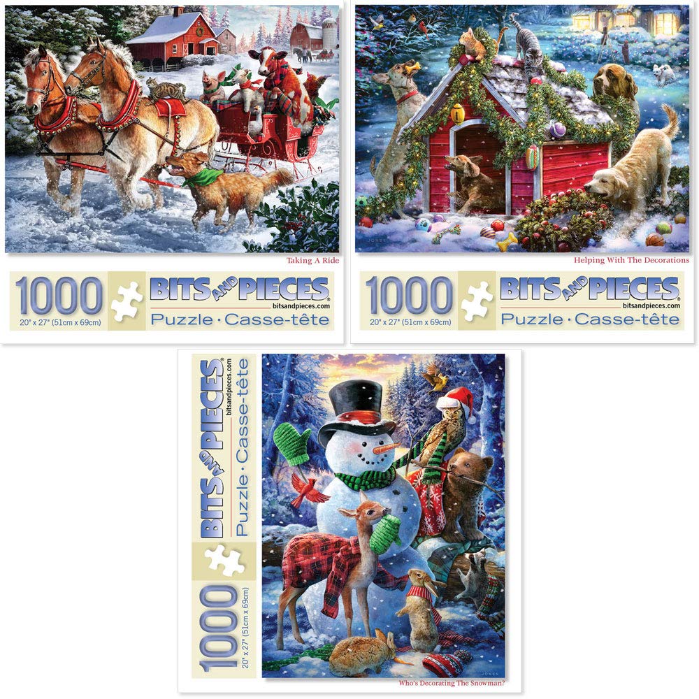 Bits and Pieces - Value Set of Three (3) 1000 Piece Jigsaw Puzzles for Adults - Each Puzzle Measures 51cm x 69cm- Winter Holiday Forest Animals Jigsaws by Artist Larry Jones
