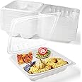 YANGRUI To Go Containers, Reusable Anti-Fog Shrink Wrap 25 Pack 8 x 8 Inch 34 OZ White Plastic Meal Prep Boxes BPA Free Microwave Freezer Safe 3 Compartment Clamshell Take Out Container