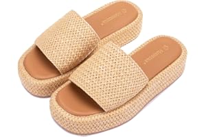 Monrovia Platform Sandals Women Slip on Raffia wedge Sandals, Espadrille Slides Bohemia Sandals， Summer Open Toe Straw Sandals for Women's Outdoor Camping Walking Beach Vacation