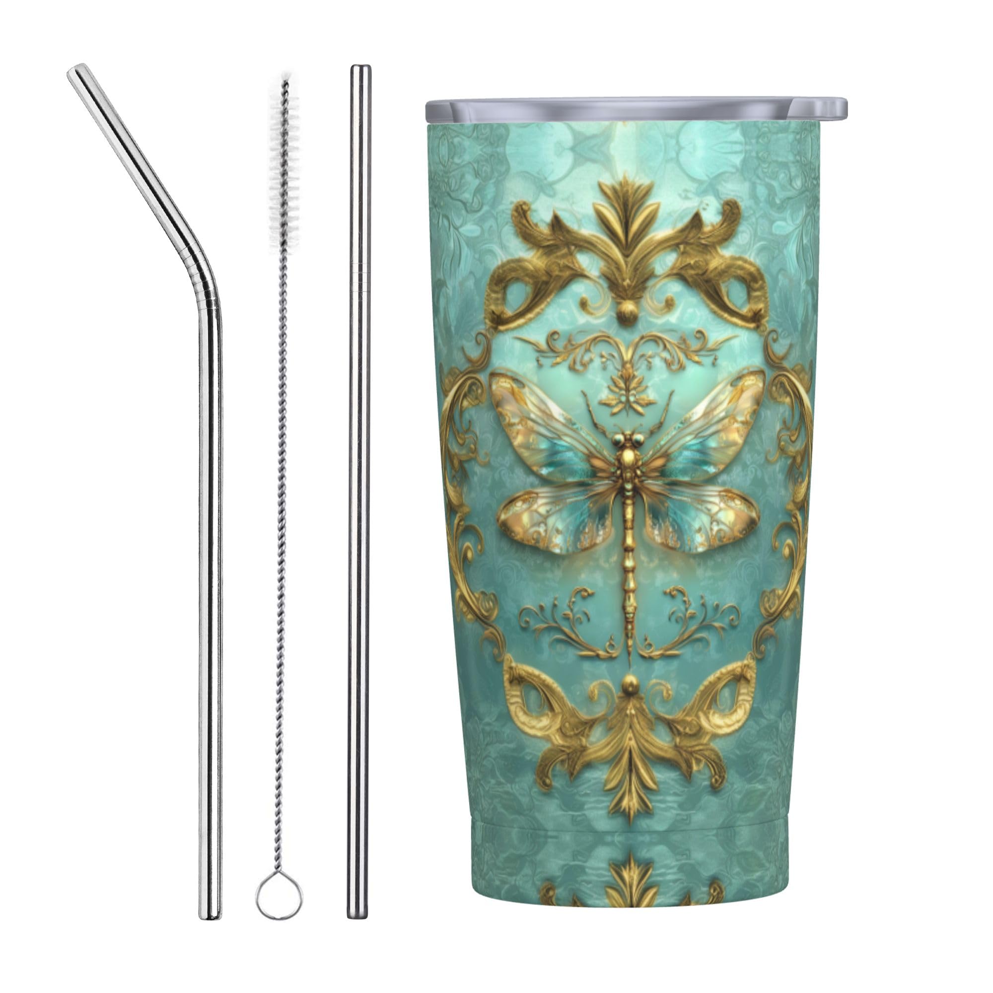 Photo 1 of FyLybois Dragonfly Tumbler with Lid and Straw 20 oz Travel Coffee Mug Double Walled Vacuum Insulated Cup LeakProof for Hot and Cold Drinks