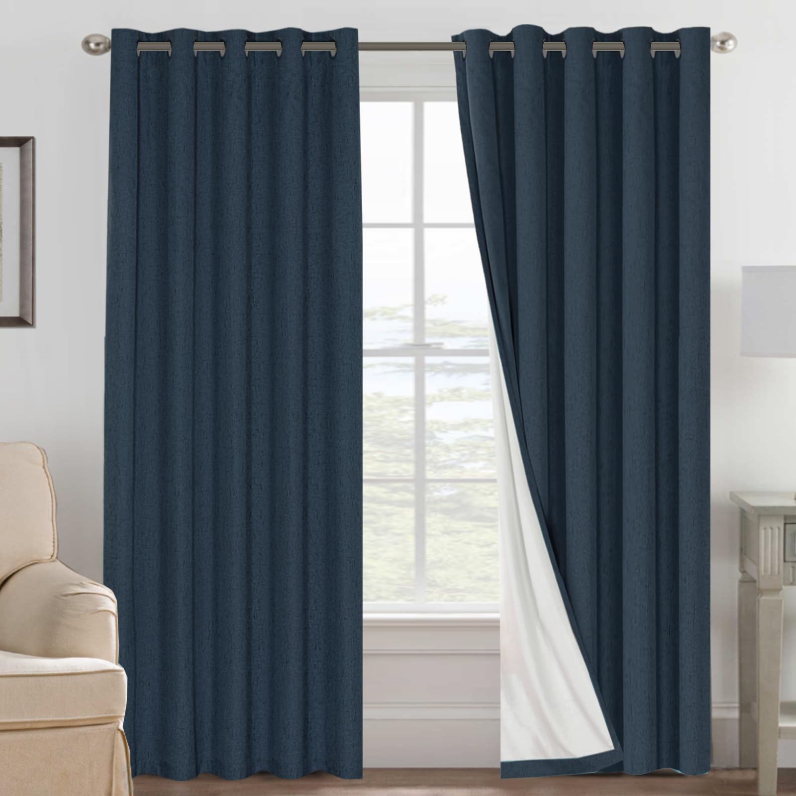BellaHills 100% Blackout Curtains for Bedroom Eyelet Thermal Insulated Linen Textured Curtains Heat and Full Light Blocking Drapes Living Room Curtains 2 Panels Set, 66 x 90 Inch, Navy