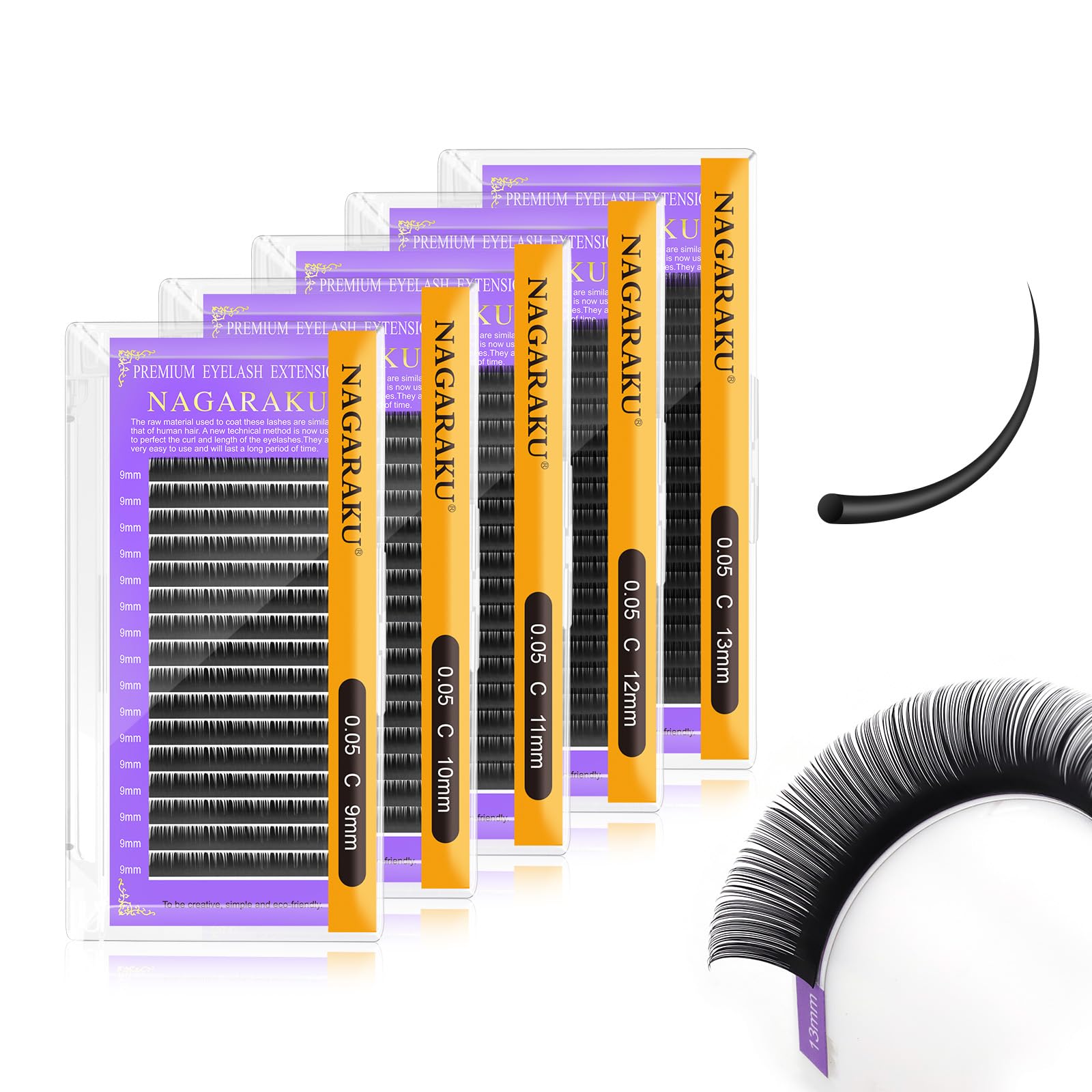 NAGARAKU 5 Trays Eyelash Extensions Supplies Classic 1:1 Lashes Individual Volume Lash Extensions Soft Single Natural Eyelashes Matte Black 16 Rows (0.05mm C Curl 9/10/11/12/13mm in 1 Pack)