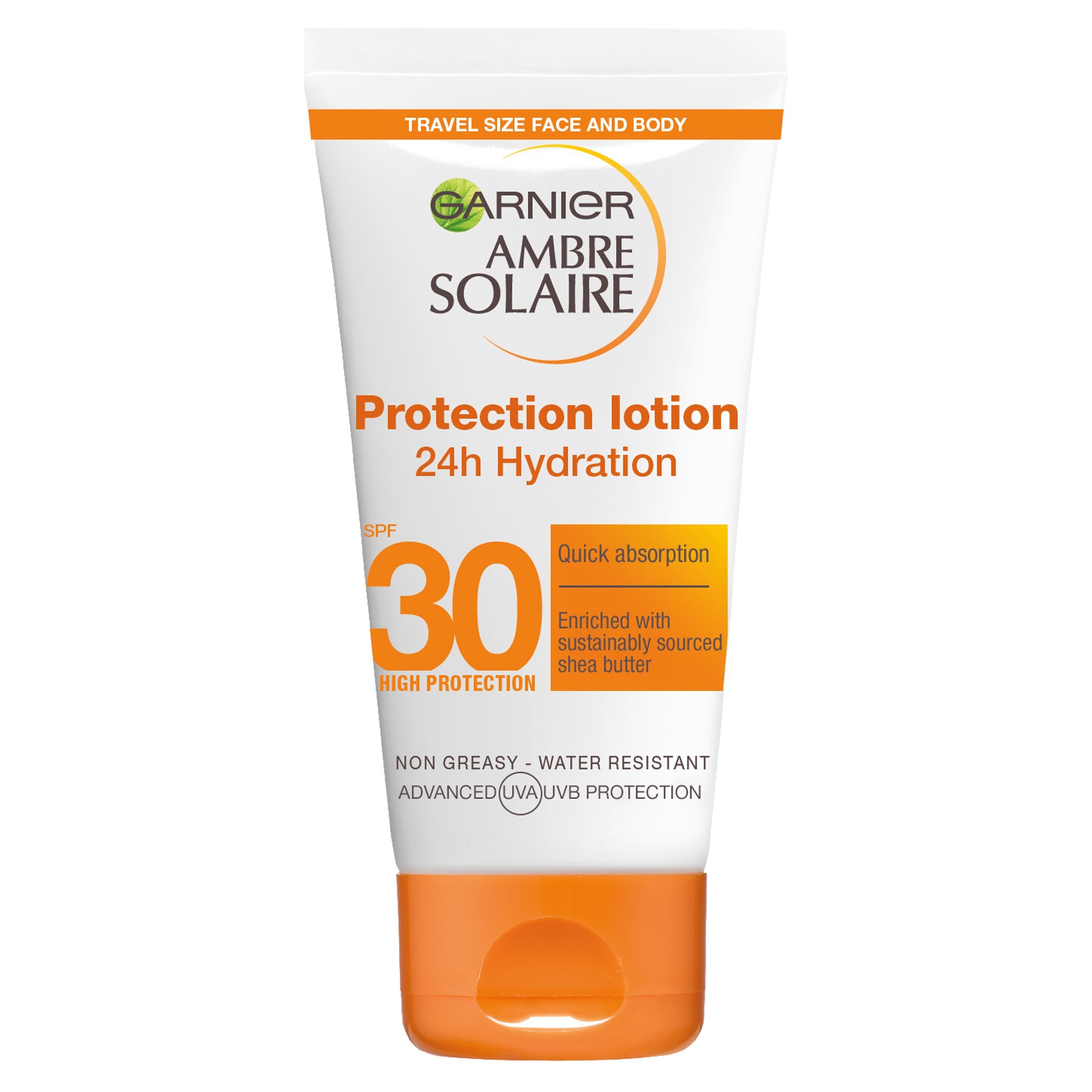 Garnier Ambre Solaire Ultra-Hydrating Shea Butter Sun Protection Cream SPF30, Hydrating High Sun Protection Lotion SPF30 Handy Handbag Format 50 ml Travel Size