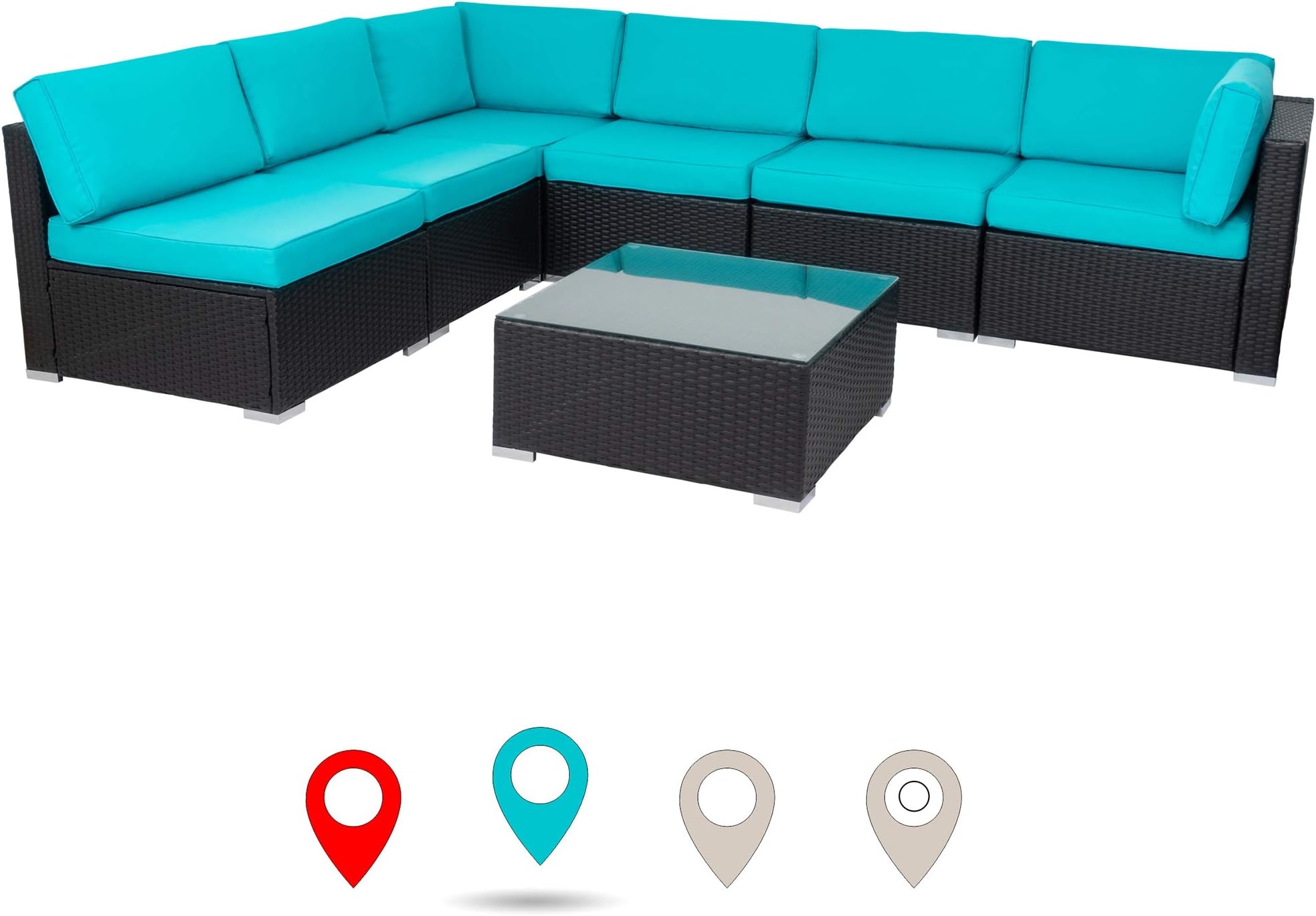 walsunny 7pcs Outdoor Black Rattan Sectional Sofa- Patio Wicker Furniture Set Conversation Sets with Tea Table&Washable Couch Cushions (Blue)