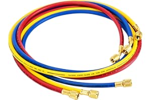 DRAKO-MYXX Upgraded 1/4" Left Handed A2L Refrigerant Hose, 72", 1/4" Female Left Flare to Female Right Flare for A2L Refrigerant, 45 Angled Fittings, HVAC Hose for R-32 and R-454B Yellow/Red/Blue(Pack of 3)