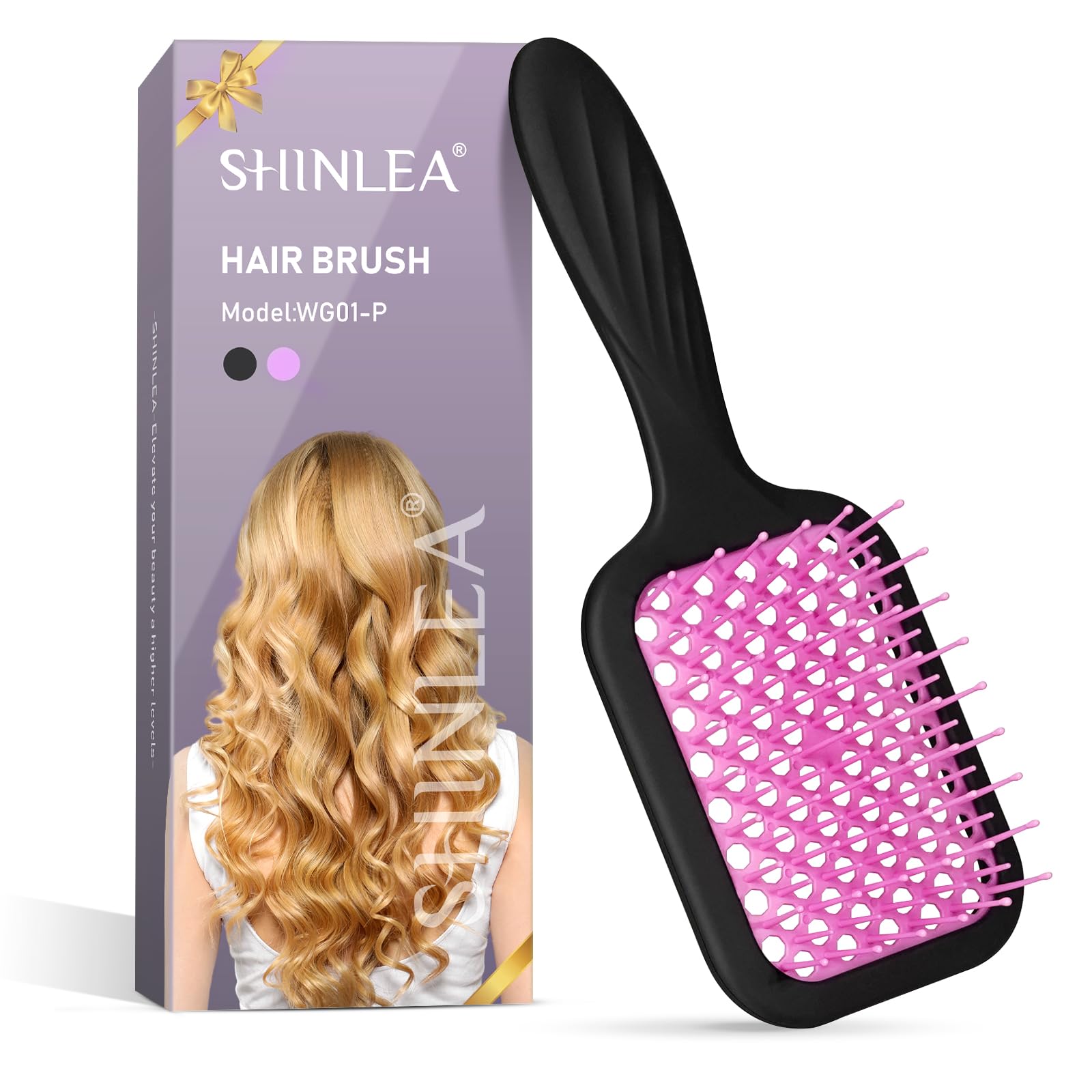 Hair Brush, SHINLEA Detangling Hair Brush for Curly Hair, Speed Dry Vented Paddle Brush for Wet Dry Hair, Reduces Breakage, Eliminates Knots, Extension Brush for Women, Men, Kid (Black Pink)