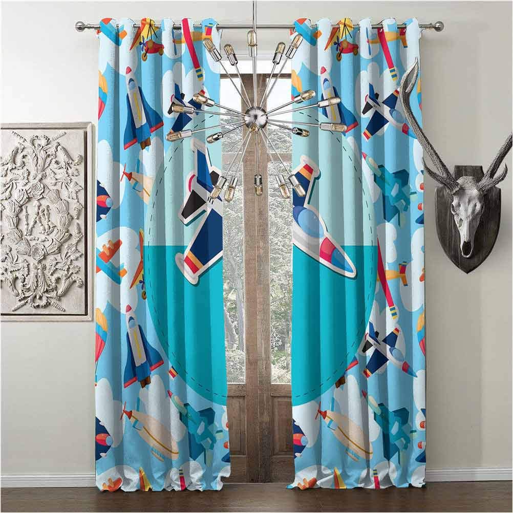 light filtering curtains, Kids Party, Blackout Shades for Window, Airplane Collection with Different Vessels Commercial Airline Balloon Cartoon, for Kitchen Cafe Decor, Multicolor, W120 x L96 Inch,