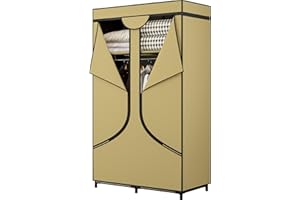 YIZAIJIA Portable Wardrobe Closet Clothing Organizer with Dustproof Non-Woven Fabric 34 Inch Clothes Hanging Rack for Bedroom (34 Inch, Khaki)
