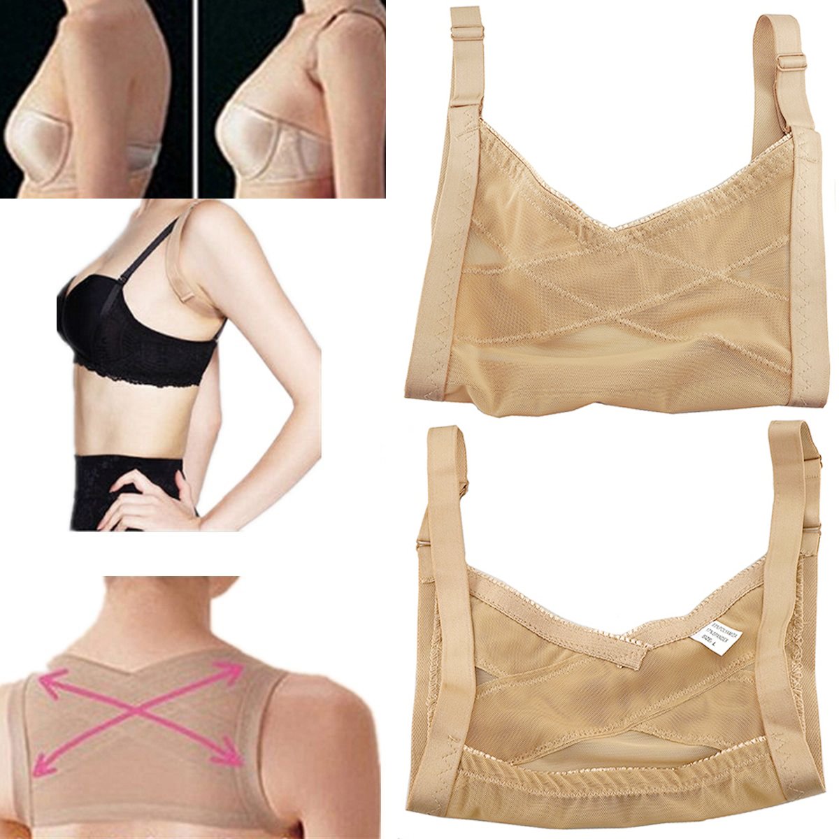 Zinnor Adjustable Shoulder Back Posture Corrector Chest Brace Wireless Support Belt Push Up Bra Vest（Nude） (Large)