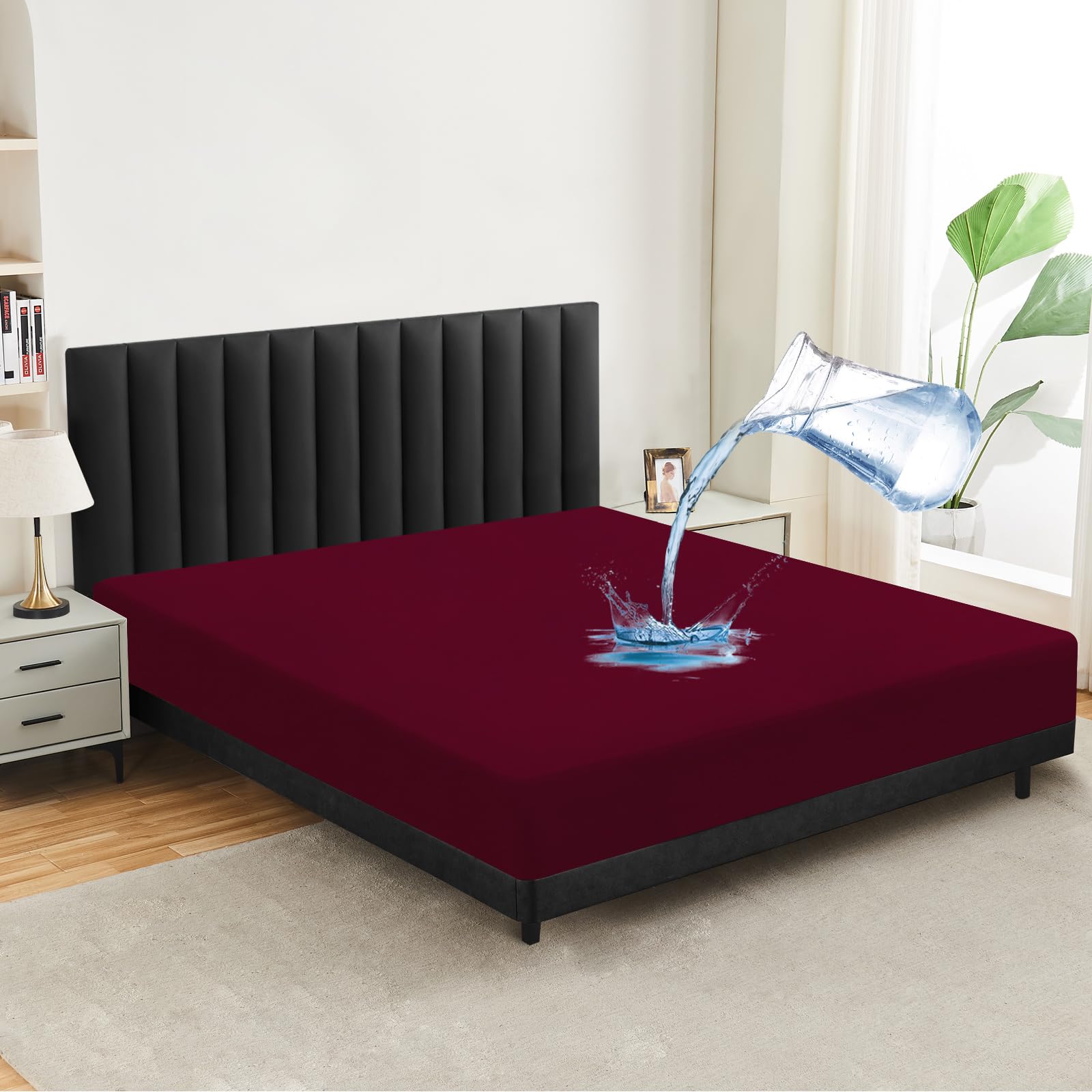 mafudoxi Waterproof Mattress Protector 200 x 200 cm Fitted Sheet, Breathable Mattress Topper Bed Sheet, High-Quality Fitted Sheets, Incontinence Underlay, Washable at 60°C, Red