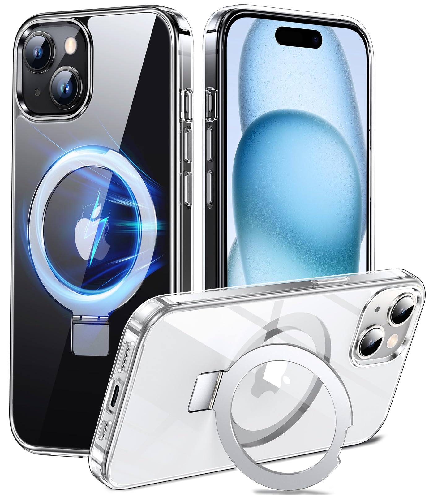 Chicfun 3-in-1 [Magnetic+KickStand+Ring Holder] Compatible with MagSafe, for iPhone 15 Case with Stand Military Shockproof Protective Magnetic.for iPhone 15 Case,Clear