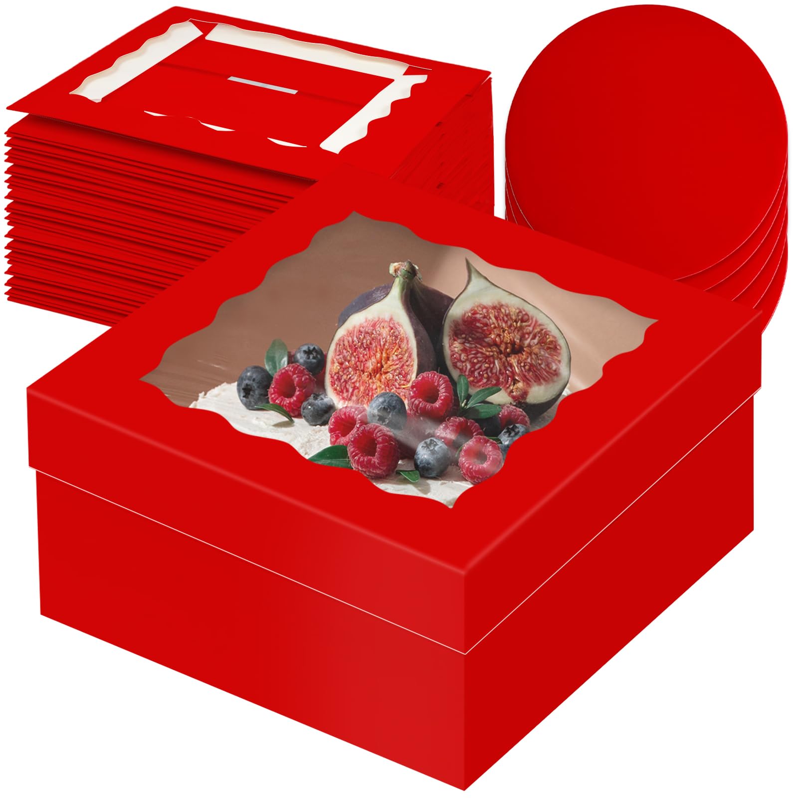 Gcardist 12x12x6 Inch Cake Box, 5 Sets Red Cake Box with Window ＆ 5 Sets 12 Inch Red Cake Round Boards, Cake Containers(30.5x30.5x15.2cm)