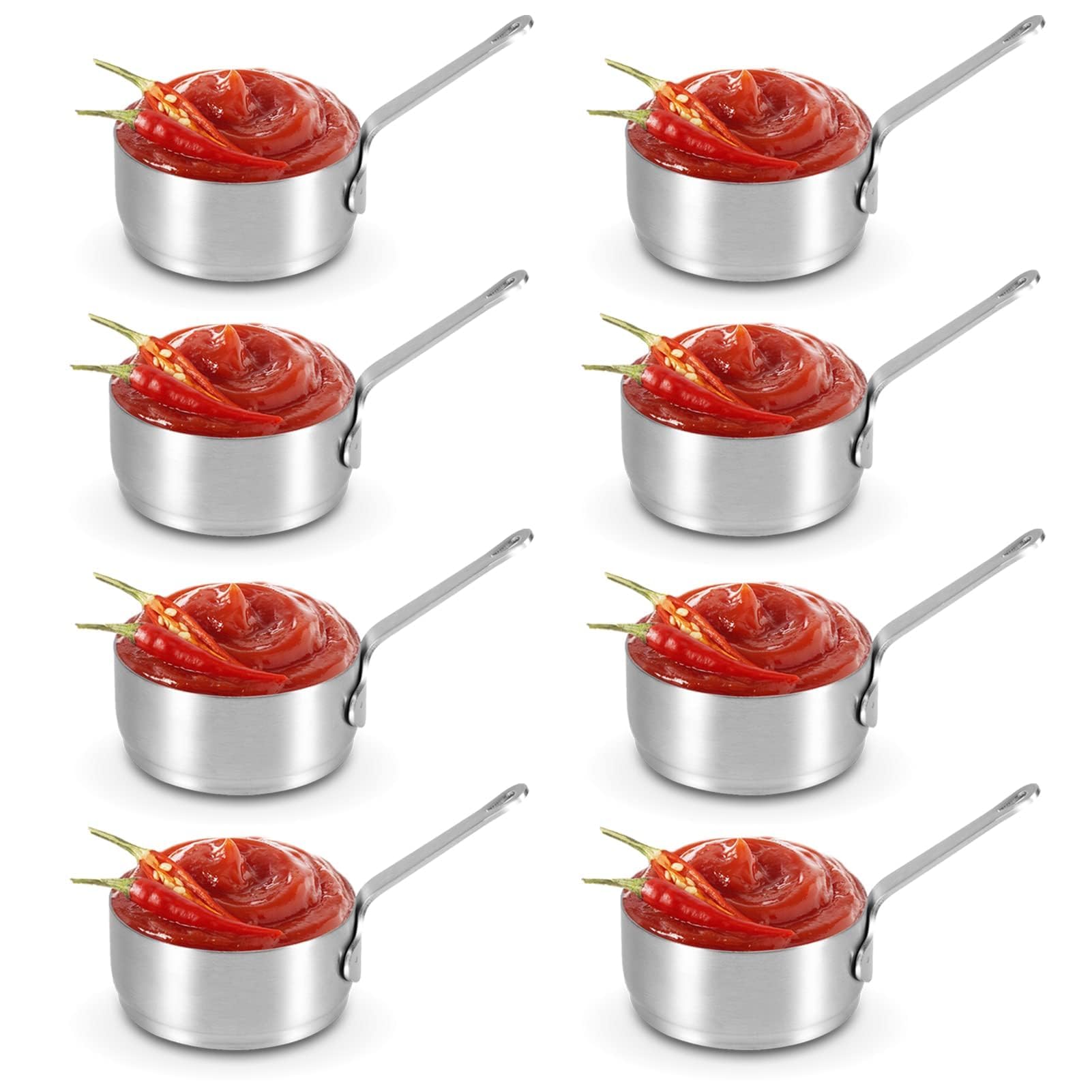 8PCS Stainless Steel Condiment Sauce Cups, 100ml/3.38oz Sauce Dishes, Reusable Salad Dressing Container Mini Individual Saucers Bowl Round Seasoning Dishes with Ergonomic Handle for Ketchup, Mustard