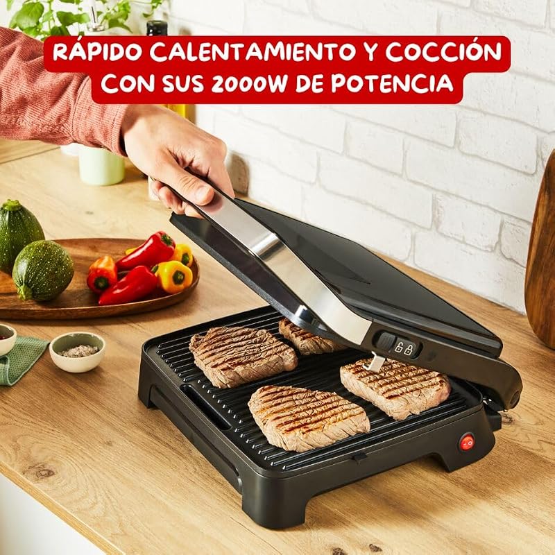 Inicio, Plancha y grill para paninis con calentamiento rápido, 2000 W, Placas antiadherentes, Gran superficie de cocción, Óptima para 4-6 personas, Uso versátil y compacto, GI271D10
