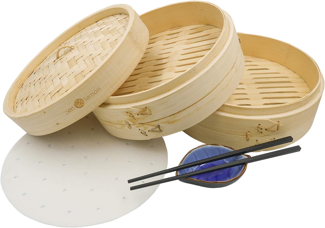 Bamboo Steamer 10 Inch - Handmade Steam Basket Bamboo - 2 Tier Dumpling Steamer Ideal For Dim Sum, Vegetables, Bao Buns & More - 2 Sets of Reusable Chopsticks, 20 Liners, Ceramic Sauce Dish Included