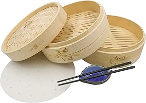 Bamboo Steamer 10 Inch - Handmade Steam Basket Bamboo - 2 Tier Dumpling Steamer Ideal For Dim Sum, Vegetables, Bao Buns & More - 2 Sets of Reusable Chopsticks, 20 Liners, Ceramic Sauce Dish Included