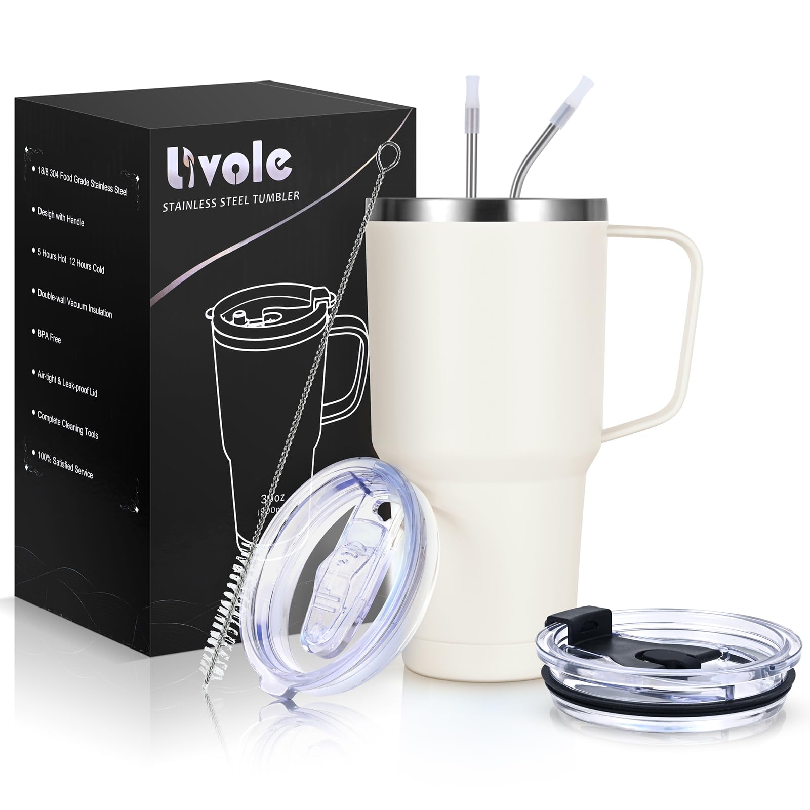 Livole 30oz 900ml Travel Tumbler with Handle, Insulated Vacuum Travel Coffee Mug, Stainless Steel Water Bottle Flask, Double Walled Leakproof Thermal Mug for Camping, Sports, Office, Home, Off-White