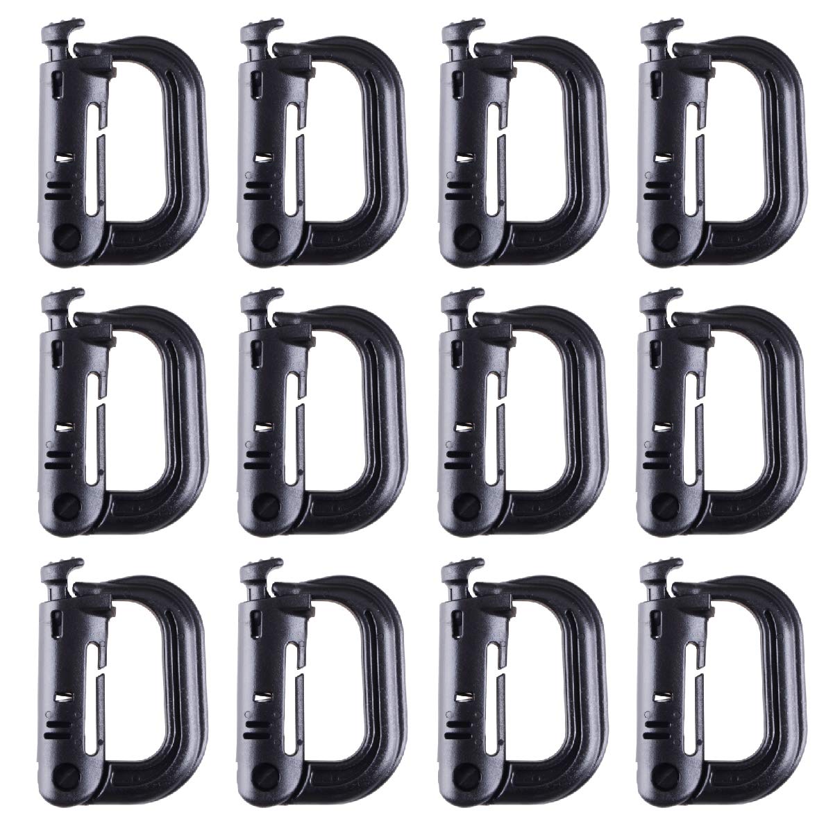 Azarxis Molle Clip Tactical Multipurpose D-Ring Grimloc Locking Gear Clip Hanging Hook Keychain Attachments for Molle Bag Tactical Backpack Vest Belt (Black - 12 Pack)