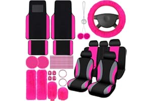 ROCEEI 47 Pcs Car Seat Cover Full Set Car Accessories for Front Rear Seat Fluffy Steering Wheel Cover Belt Automotive Floor Mats Air Conditioner Decoration Strip (Rose Pink)