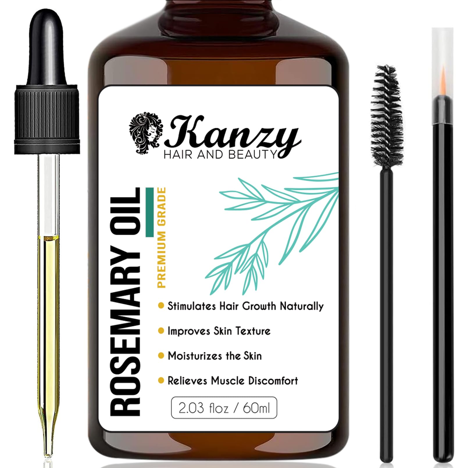 Kanzy Rosemary Oil for Hair Growth 60ml, Pure Rosemary with Applicators for Dry, Damaged Hair, Beard, Eyebrow & Lash Growth, Itchy Scalp, Massage Oil & Skin Care