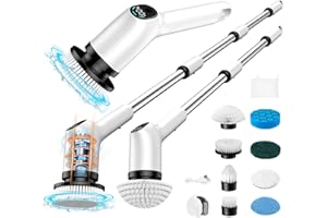 Electric Spin Scrubber, FRIWOLE Upgrade LED Display 12 in 1 Cordless Cleaning Brush with 8 Replaceable Brush Heads, Adjustable Bathroom Cleaning Brush 3 Speeds Up to 450 RPM, for Bathtub Tile Floor