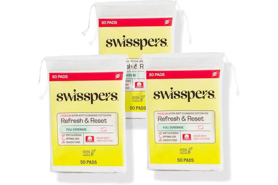 Swisspers Refresh and Reset Facial Cleansing Cotton Pads – 100% Natural Fiber, Ultra-Soft Beauty Essentials for Women & Men – Cruelty-Free, Paraben-Free Skincare Application Squares (50 Count) 3 Pack
