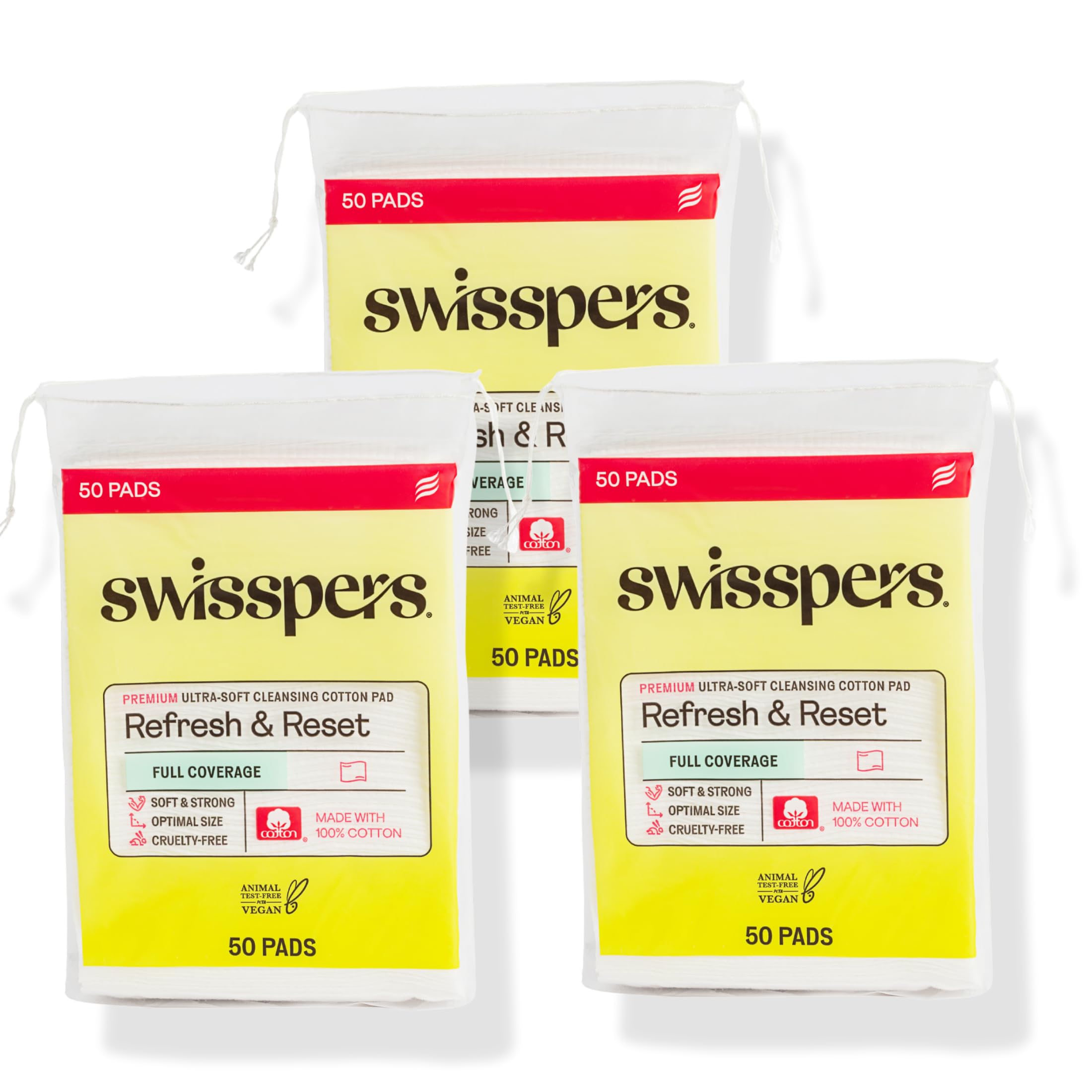 Swisspers Refresh and Reset Facial Cleansing Cotton Pads - 100% Natural Fiber, Ultra-Soft Beauty Essentials for Women & Men - Cruelty-Free, Paraben-Free Skincare Application Squares (50 Count) 3 Pack