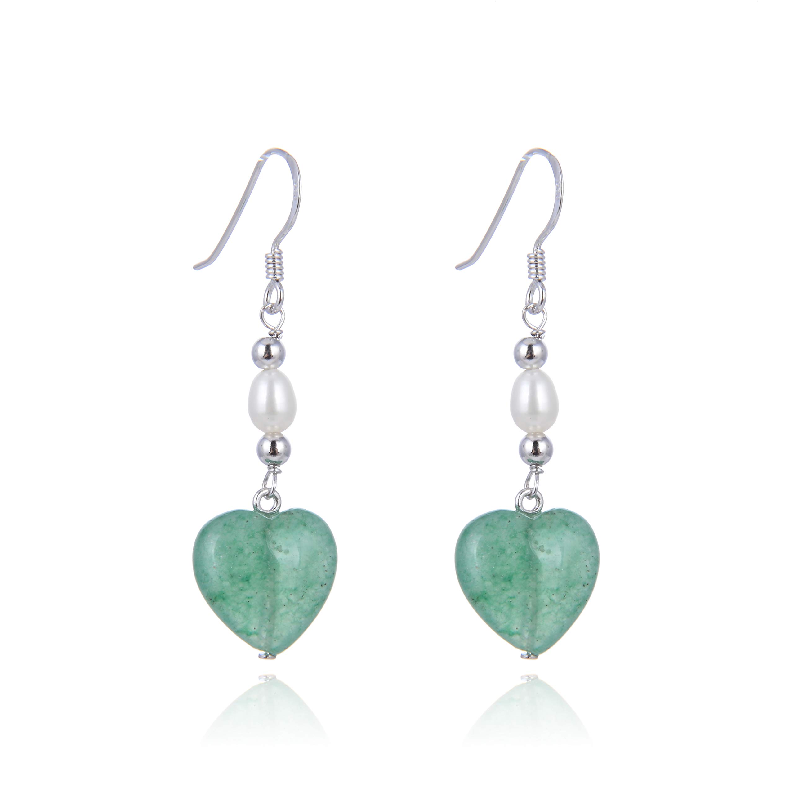 Jo & Co. Green Aventurine, Pearl and Sterling Silver Drop Earrings, Sterling Silver Beads and White Oval-Shaped Freshwater Pearl, Rhodium-Plated 925 Sterling Silver, Attractively Priced
