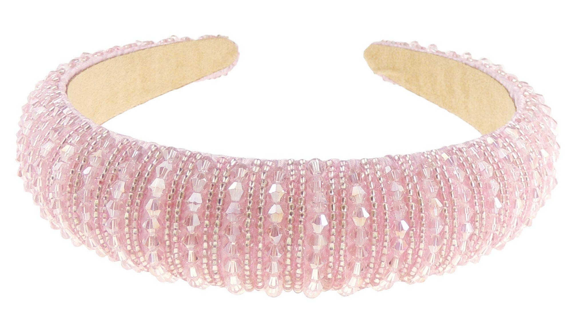 Womens Sparkly Beaded Rhinestone Embellished Jeweled Crystal Wide Bump Padded Evening Formal Occasion Christmas Birthday Wedding Bridal Party Headband Hair Alice Band Hairband (Candy Pink Silver)