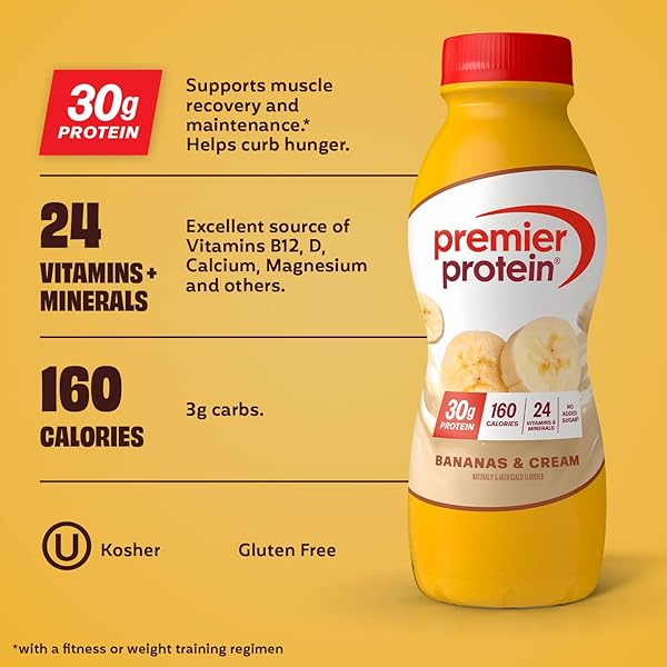 PREMIER PROTEIN SHAKE, BANANAS & CREAM, 30G PROTEIN, NO ADDED SUGAR, 24 VITAMINS & MINERALS TO SUPPORT IMMUNE HEALTH, 11.5 FL OZ, 12 PACK